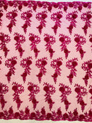 3D Floral Cluster with Border Lace - Fuchsia - Flower with Leaves Design 3D Fabrics Sold By Yard