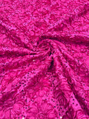 Sequins Satin Rosette Fabric - Fuchsia - 3D Satin Rose Sequins Floral Fabric Sold By The Yard