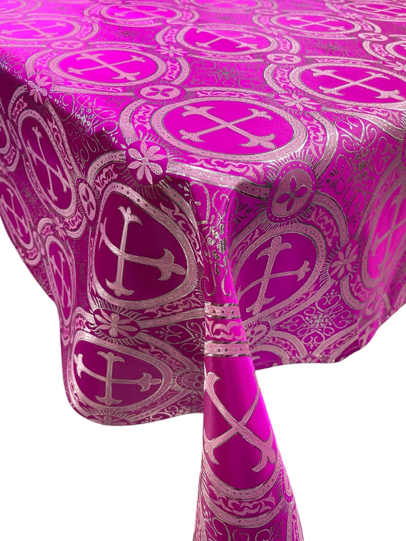 Cross Print Brocade Tablecloth - Jacquard Religious Print Church Fabric Table Covers