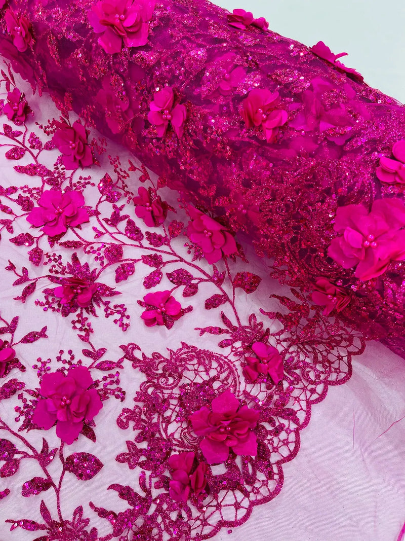 Big Flower 3D Glitter Fabric - Fuchsia - Embroidered Floral Sequins Design Fabric by Yard