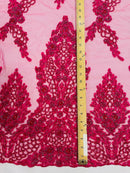 Beaded Floral Fabric - Fuchsia - Luxury Bridal Floral Pattern Fabric With Beads, Sequins Sold By Yard