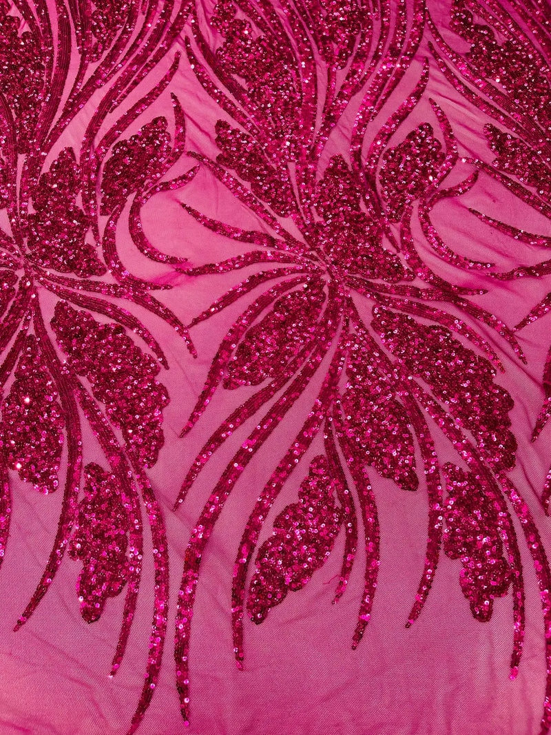 Wavy Leaf Design Fabric - Fuchsia - 4 Way Stretch Sequins Lace Mesh Leaf Design Fabric by Yard