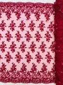 3D Floral Fabric - Fuchsia - Embroidered Flower with Rhinestone and Sequins Fabric Sold By Yard