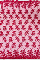 Floral Cluster Corded Fabric - Fuchsia - Fancy Flower Embroidery Lace Mesh Fabric By Yard