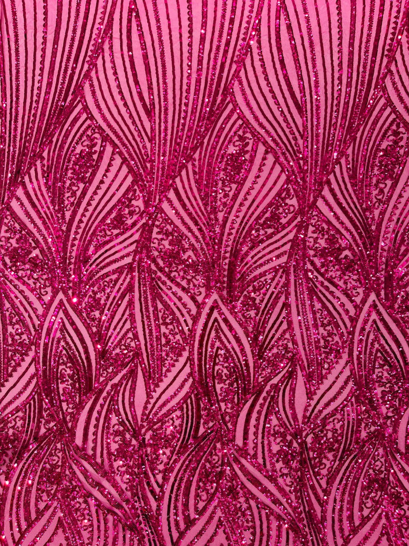 Curvy Design Sequins Fabric - Fuchsia - 4 Way Stretch Curvy Sequins Design Mesh Fabric by Yard