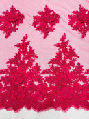 Flower 3D Corded Fabric - Fuchsia - Lace Mesh Fabric Embroidered Floral Design by Yard