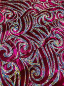 Tribal Swirl Design Spandex - Fuchsia - 4 Way Stretch Milliskin Holographic Fabric by Yard