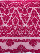 My Lady Beaded Fabric - Fuchsia - Damask Beaded Sequins Embroidered Fabric By Yard