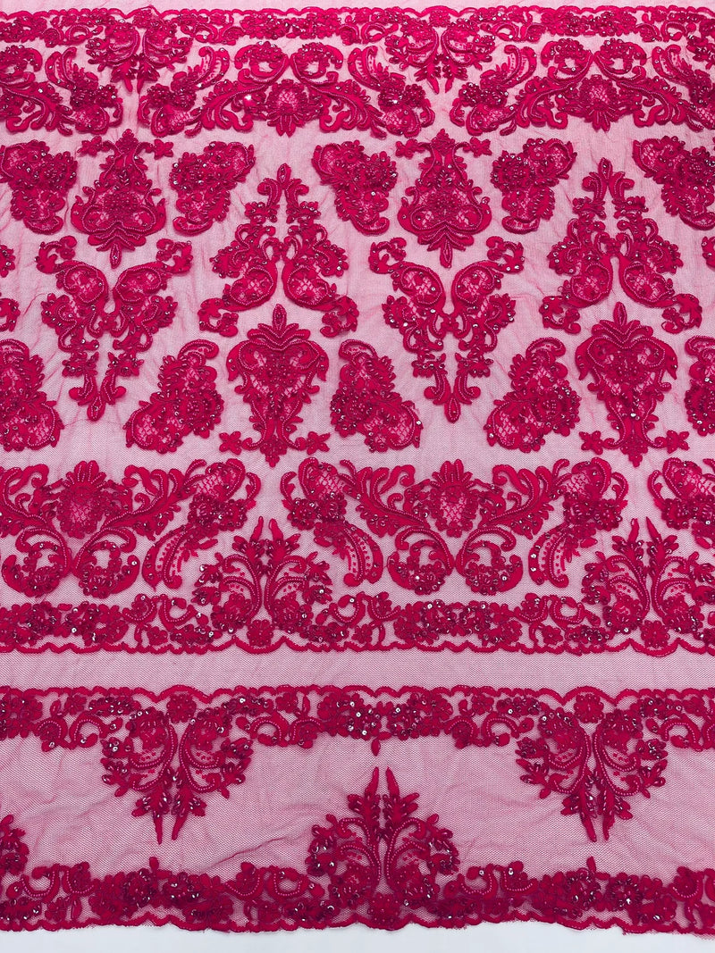 My Lady Beaded Fabric - Fuchsia - Damask Beaded Sequins Embroidered Fabric By Yard