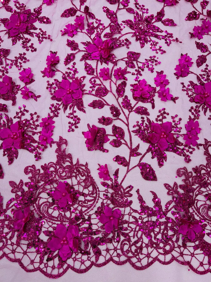 3D Glitter Floral Fabric - Fuchsia - Glitter Sequin Flower Design on Lace Mesh Fabric by Yard