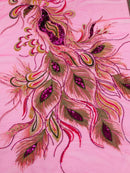 Peacock Feathers Design Lace - Fuchsia - Embroidered Multi-Color Peacock Lace Fabric Sold by Panel