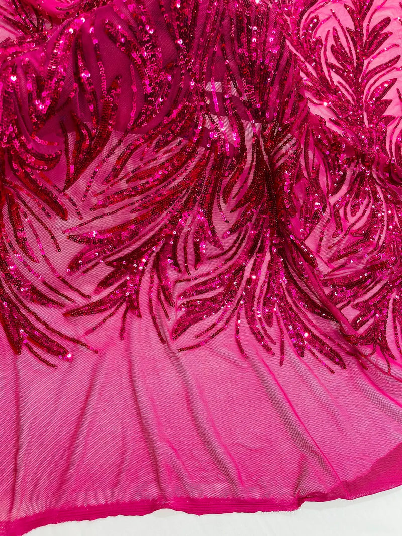 Leaf Stretch Sequins Fabric - Fuchsia - 4 Way Stretch Sequins on Lace Mesh Fabric by Yard