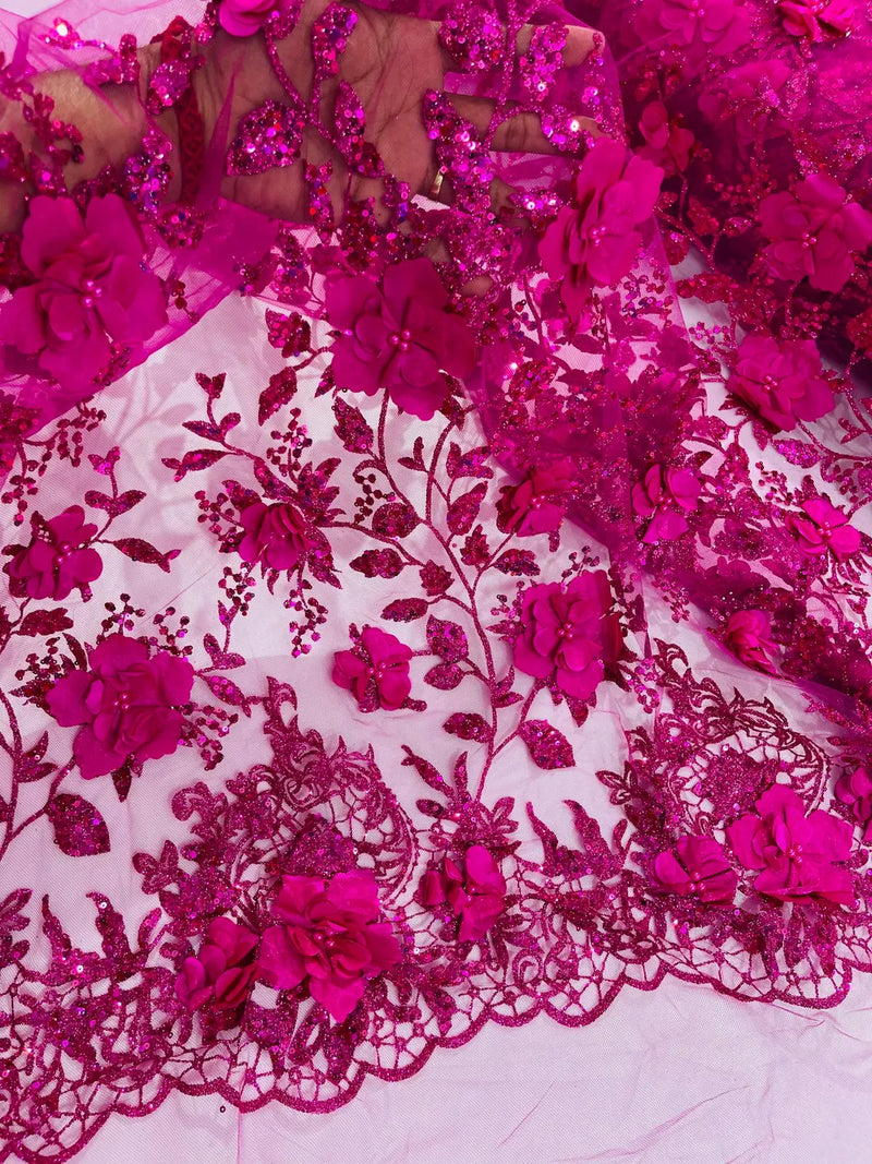 Big Flower 3D Glitter Fabric - Fuchsia - Embroidered Floral Sequins Design Fabric by Yard