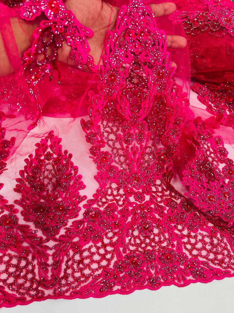 Beaded Floral Fabric - Fuchsia - Luxury Bridal Floral Pattern Fabric With Beads, Sequins Sold By Yard