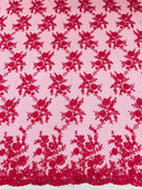 Floral Cluster Corded Fabric - Fuchsia - Fancy Flower Embroidery Lace Mesh Fabric By Yard