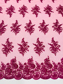 Flower Lace Sequins Fabric - Fuchsia - Embroidered Floral Pattern Fabric with Sequins on Lace By Yard