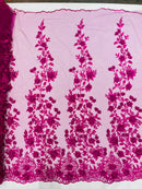 3D Floral Design - Fuchsia - Flowers Embroidered and Beaded With Pearls On a Mesh Lace
