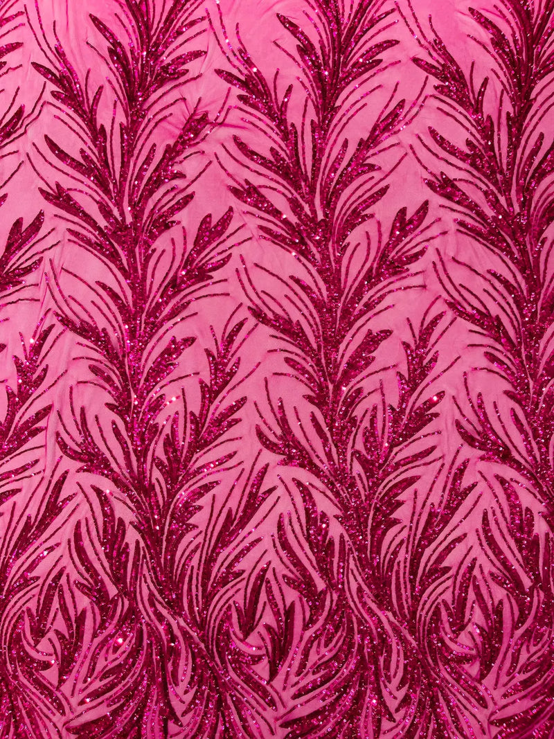 Leaf Stretch Sequins Fabric - Fuchsia - 4 Way Stretch Sequins on Lace Mesh Fabric by Yard