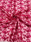 Metallic Floral Butterfly Fabric - Fuchsia - Embroidered Floral Butterfly Design Mesh Fabric by Yard