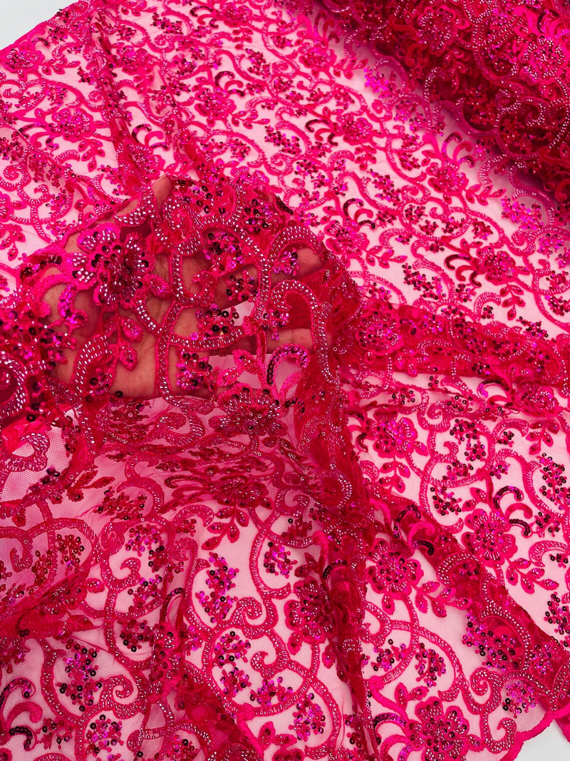 Embroidery Beaded Fabric - Fuchsia - Beaded Floral Bridal Embroidery Fabric Sold by the yard