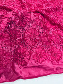 Sequins Satin Rosette Fabric - Fuchsia - 3D Satin Rose Sequins Floral Fabric Sold By The Yard