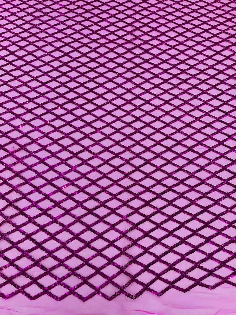 Diamond Net Sequins Fabric - Fuchsia - Geometric Diamond Net Design on Mesh Lace Fabric By Yard