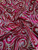 Tribal Swirl Design Spandex - Fuchsia - 4 Way Stretch Milliskin Holographic Fabric by Yard