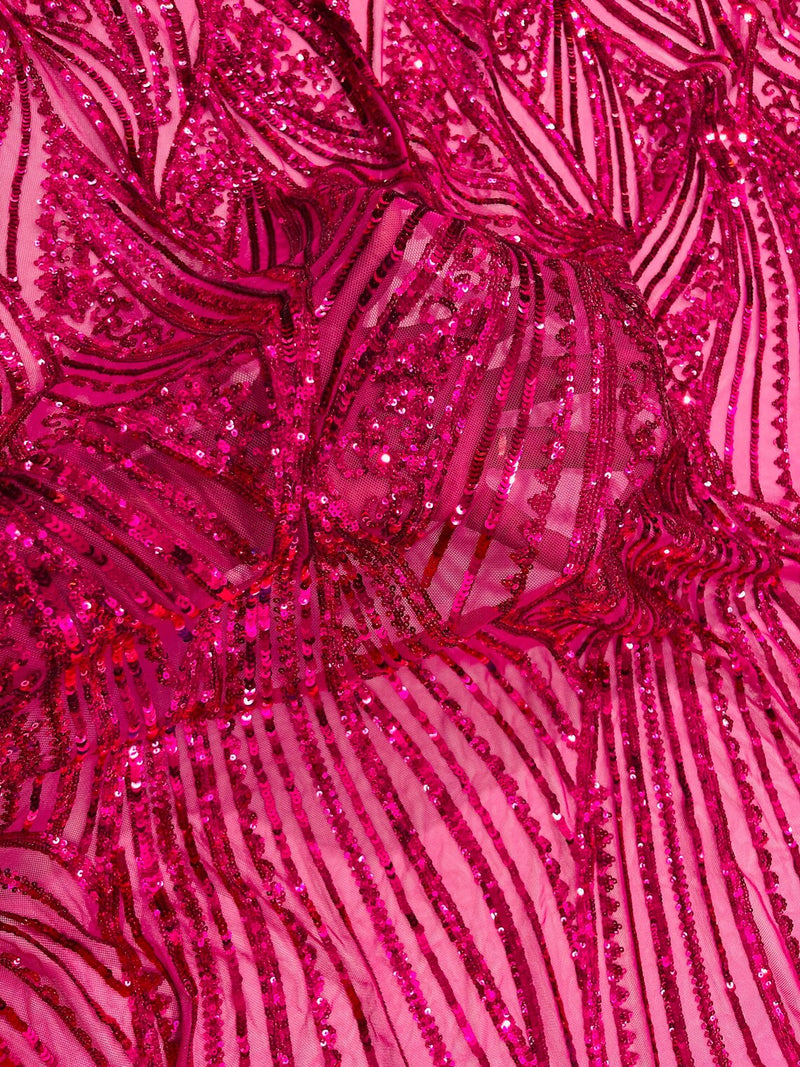 Curvy Design Sequins Fabric - Fuchsia - 4 Way Stretch Curvy Sequins Design Mesh Fabric by Yard