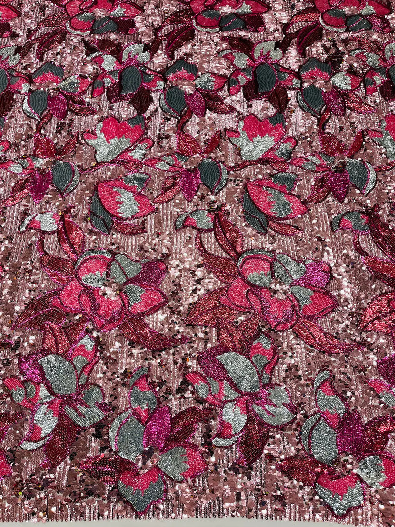 Orchid Flower Sequins Design - Fuchsia - Embroidered 4 Way Stretch Full Of Sequins Fabric Sold By Yard