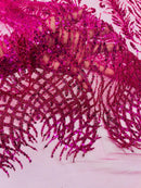 Beaded Embroidered Fabric - Fuchsia - Embroidered Heart and Feather Pattern Fabric Sold By Yard
