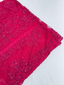My Lady Beaded Fabric - Fuchsia - Damask Beaded Sequins Embroidered Fabric By Yard