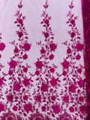 Big Flower 3D Glitter Fabric - Fuchsia - Embroidered Floral Sequins Design Fabric by Yard