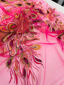 Peacock Feathers Design Lace - Fuchsia - Embroidered Multi-Color Peacock Lace Fabric Sold by Panel