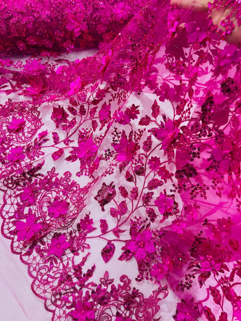 3D Glitter Floral Fabric - Fuchsia - Glitter Sequin Flower Design on Lace Mesh Fabric by Yard