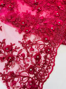3D Floral Fabric - Fuchsia - Embroidered Flower with Rhinestone and Sequins Fabric Sold By Yard