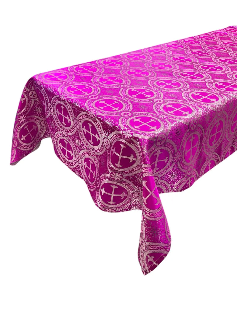 Cross Print Brocade Table Runners - Jacquard Religious Print Church Fabric Tablecloth Runners