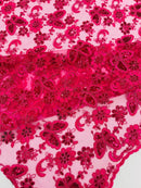 Butterfly Floral Lace Fabric - Fuchsia - Butterfly Flower Metallic Design on Lace Fabric By Yard