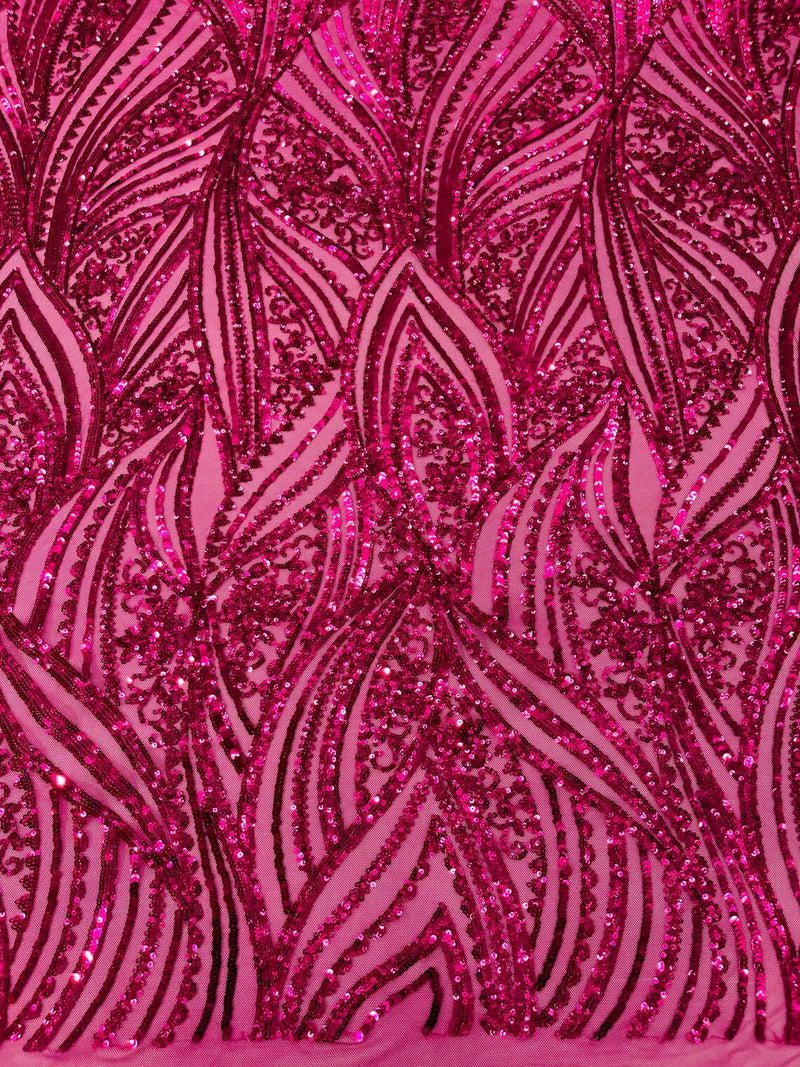 Curvy Design Sequins Fabric - Fuchsia - 4 Way Stretch Curvy Sequins Design Mesh Fabric by Yard