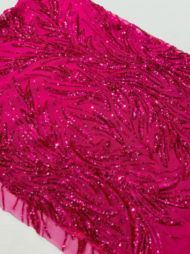 Leaf Stretch Sequins Fabric - Fuchsia - 4 Way Stretch Sequins on Lace Mesh Fabric by Yard