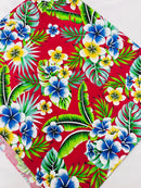 Hawaiian Floral Print Fabric - Fuchsia - 45" Plumeria Tropical Flower Cotton Fabric by Yard