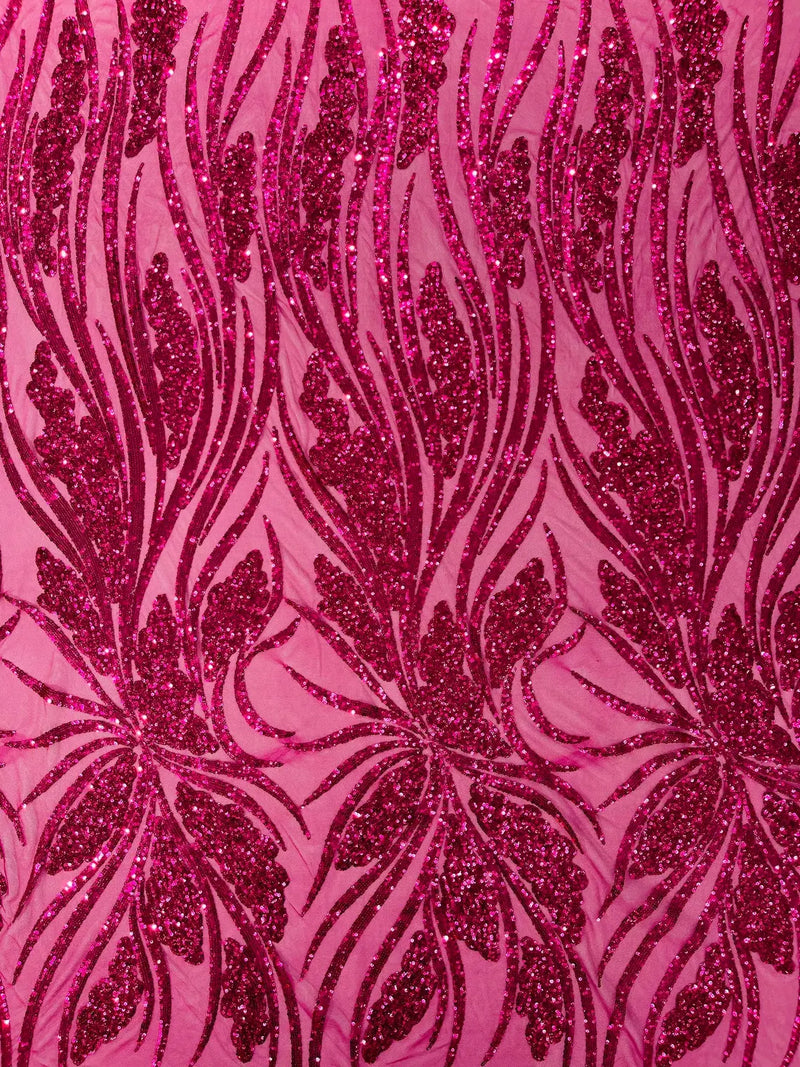 Wavy Leaf Design Fabric - Fuchsia - 4 Way Stretch Sequins Lace Mesh Leaf Design Fabric by Yard