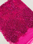 Beaded Embroidered Fabric - Fuchsia - Embroidered Heart and Feather Pattern Fabric Sold By Yard