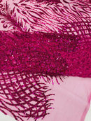Beaded Embroidered Fabric - Fuchsia - Embroidered Heart and Feather Pattern Fabric Sold By Yard