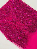 Beaded Embroidered Fabric - Fuchsia - Embroidered Heart and Feather Pattern Fabric Sold By Yard