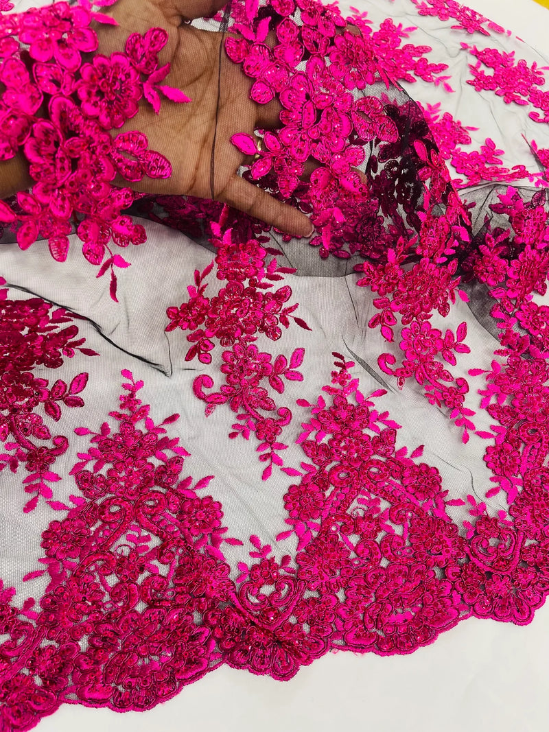 Metallic Floral Lace Fabric - Fuchsia on Black - Beautiful Floral Sequins on Lace Mesh Fabric By Yard