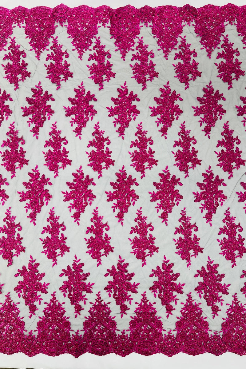 Metallic Floral Lace Fabric - Fuchsia on Black - Beautiful Floral Sequins on Lace Mesh Fabric By Yard