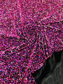 58/60" Velvet Sequins Stretch Fabric - Fuchsia / Lilac on Black - Velvet Sequins 2 Way Stretch Sold By Yard