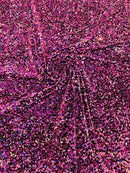 58/60" Velvet Sequins Stretch Fabric - Fuchsia / Lilac on Black - Velvet Sequins 2 Way Stretch Sold By Yard