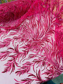 Fuchsia Beaded Fabric by the yard, Bridal beaded, Damask Pattern With Beads and Sequin