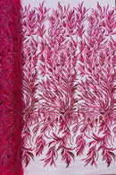 Fuchsia Beaded Fabric by the yard, Bridal beaded, Damask Pattern With Beads and Sequin